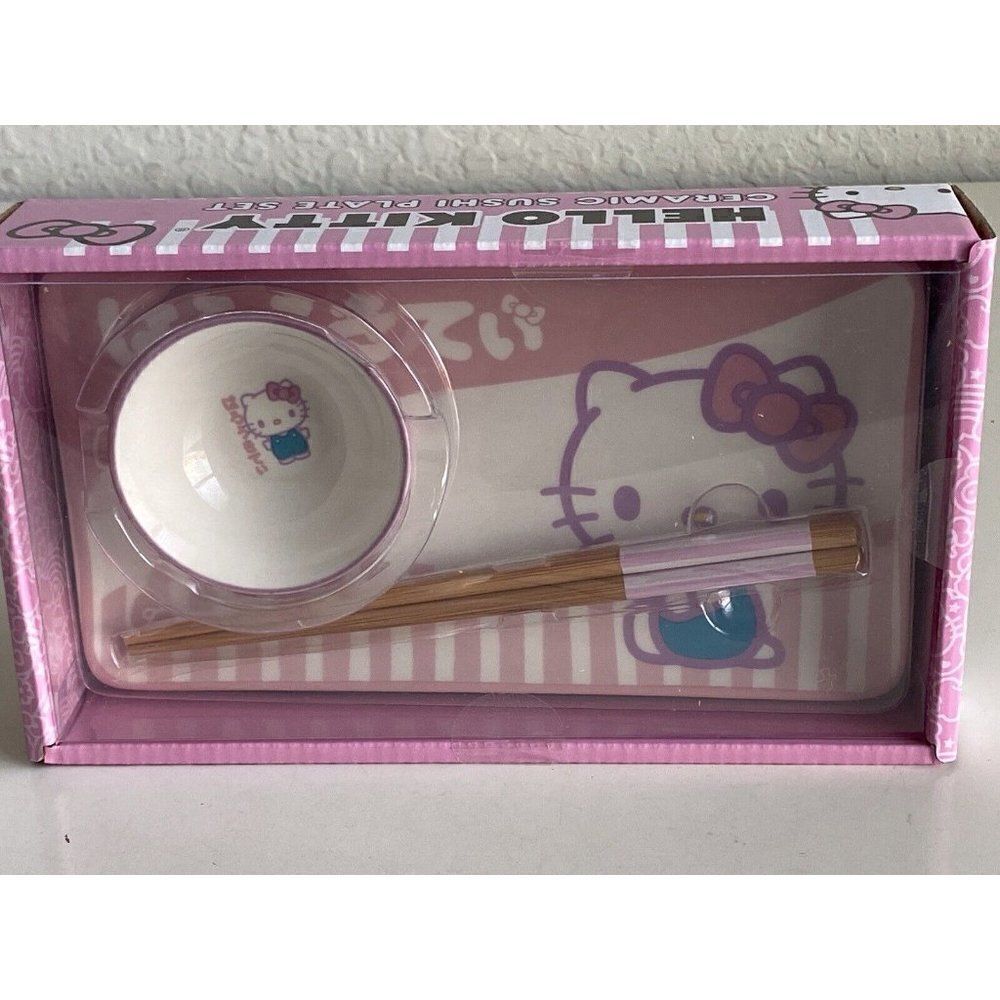 3 Piece Sanrio Hello Kitty Pink Ceramic Sushi Set With Sauce Bowl and Chopsticks